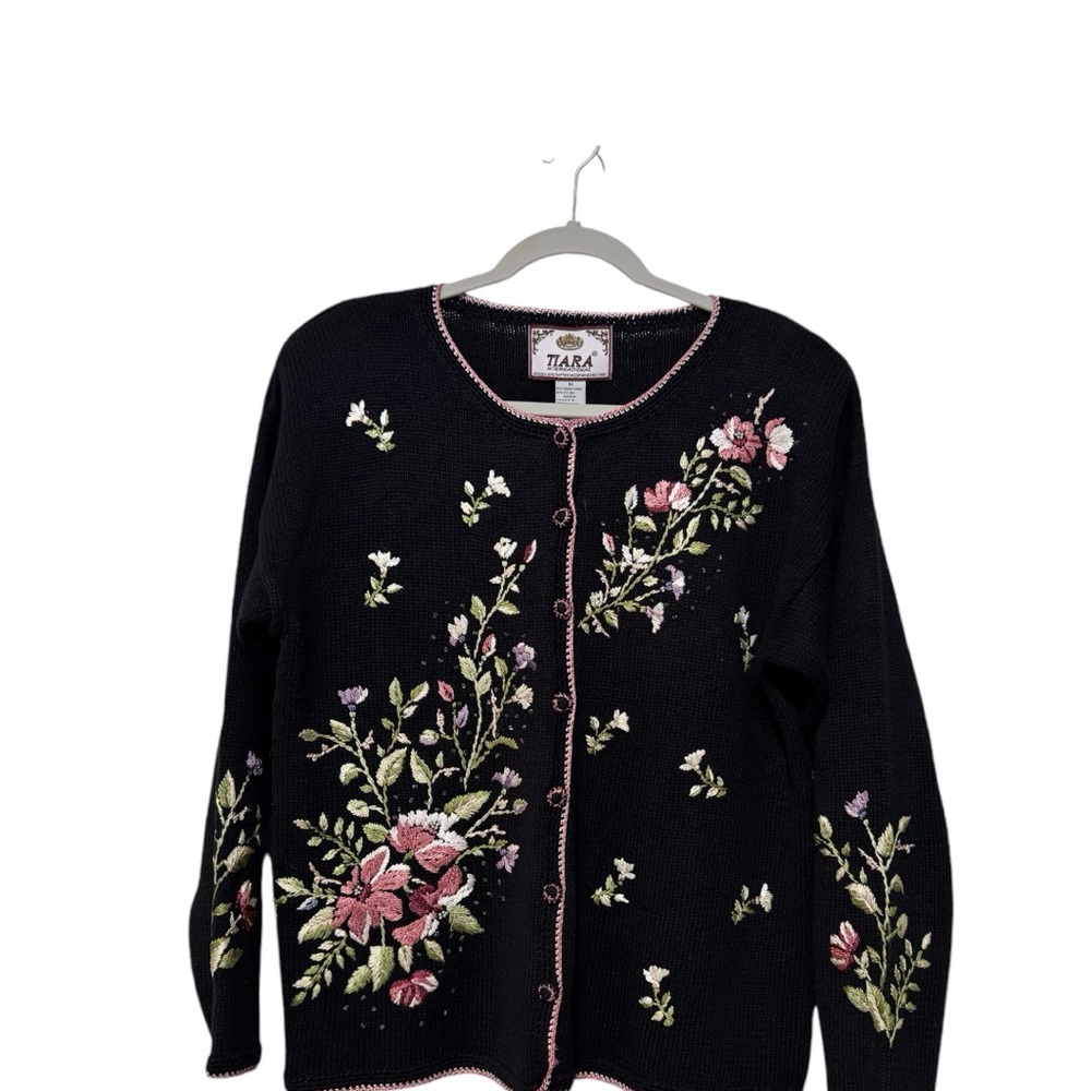 Tiara Black Floral Embroidered Sweater Cardigan